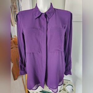 NWT DKNY Women's Purple Georgette Flap-Pocket Tunic Blouse Top Size Large